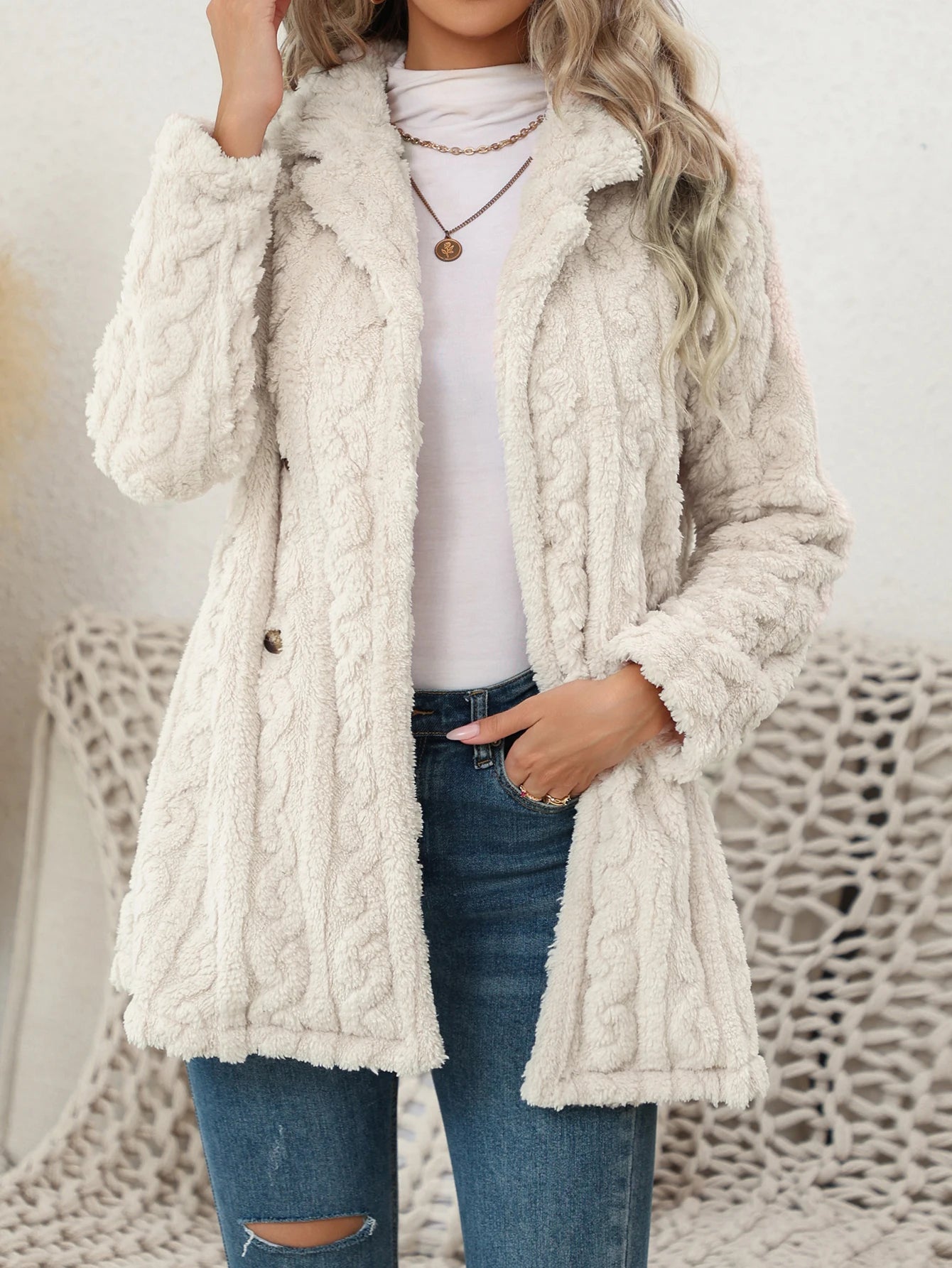 Textured jacquard long coat for women, perfect for autumn and winter.