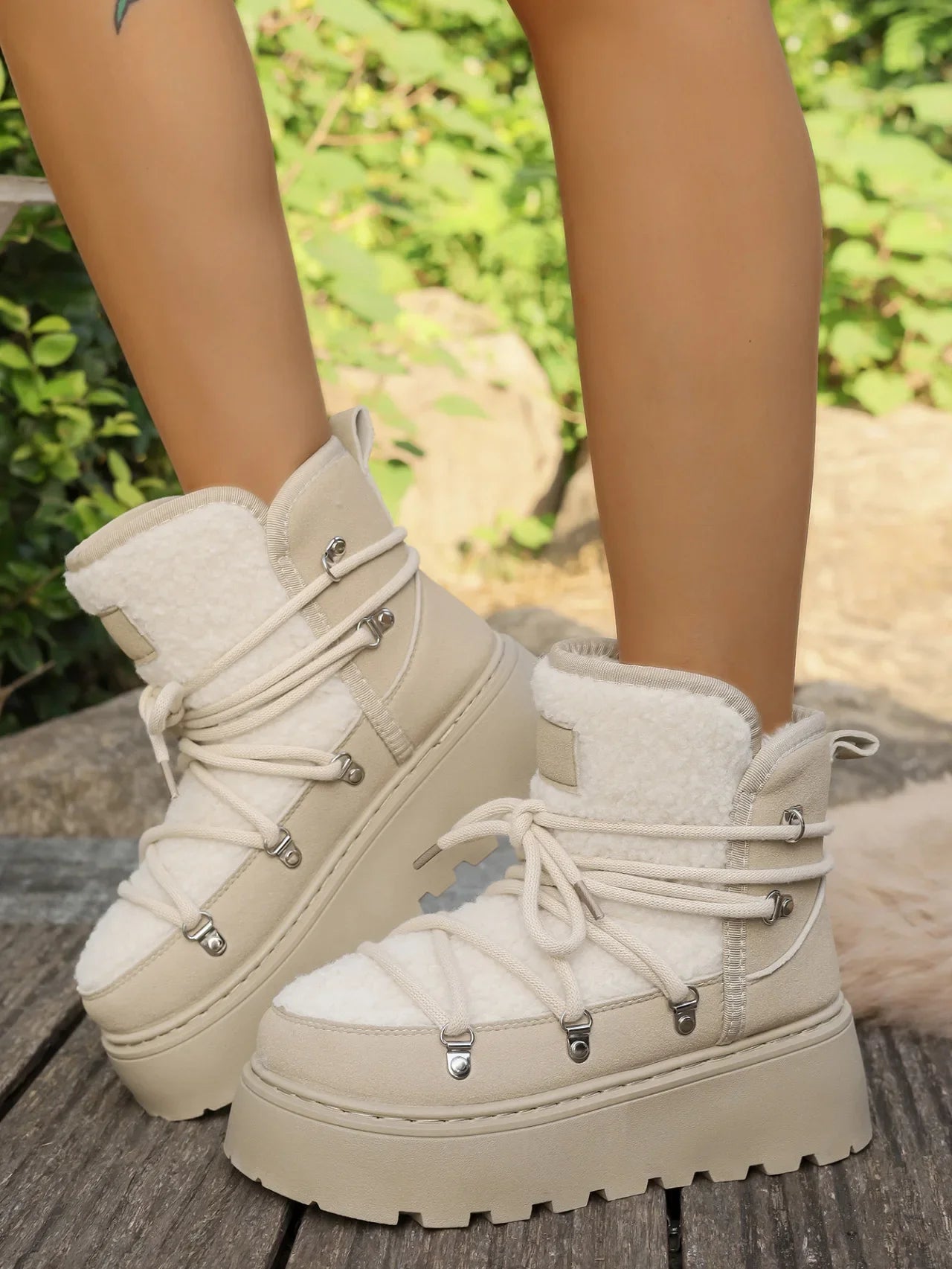 Women’s Winter Snow Boots – Warm, Fleece-Lined, Thick Sole, Cotton Material, Adjustable Ties, Non-Slip Rubber Outsole,