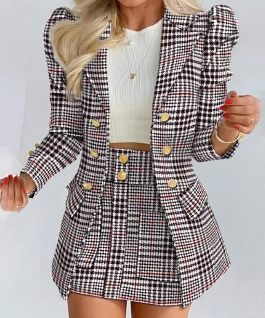 2Pcs Women Outfit 2024 Autumn Fahsion Houndstooth Print Shawl Collar Long Sleeve Blazer Coat & Elegant Shorts Set with Crop Top