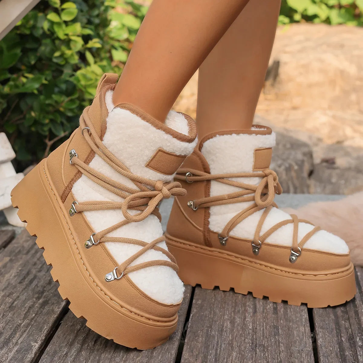 Women’s Winter Snow Boots – Warm, Fleece-Lined, Thick Sole, Cotton Material, Adjustable Ties, Non-Slip Rubber Outsole,