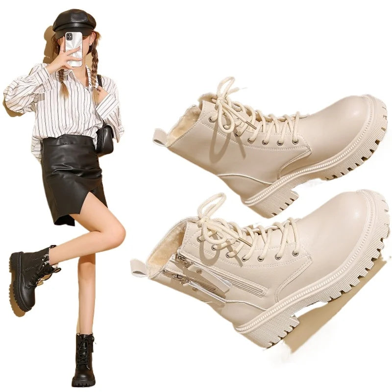 Winter Shoes Female 2024 New Plus Velvet Warm Zipper Women's Boots Outdoor Comfortable Non-slip Leather Boots Beige Women