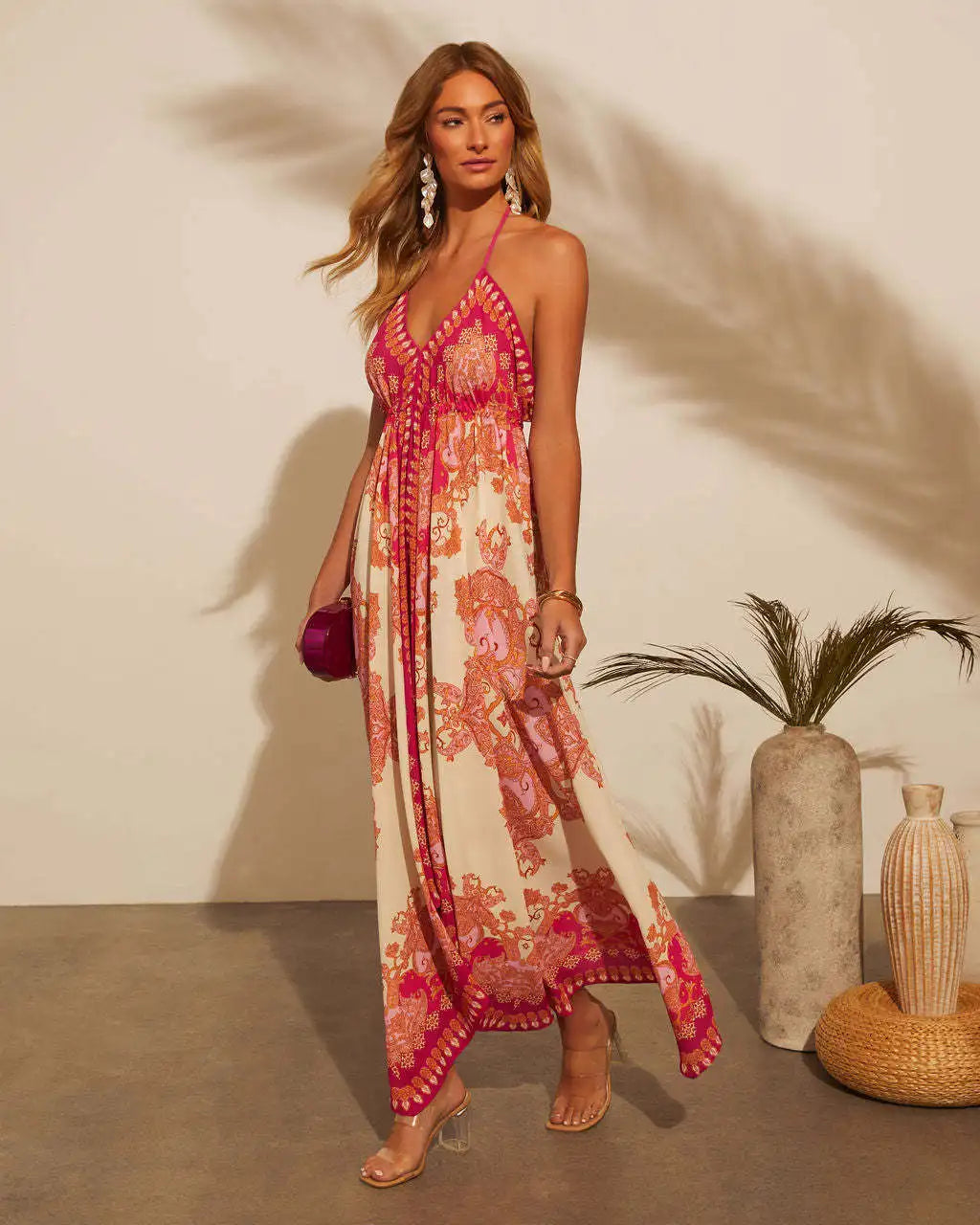 Women's Bohemian Floral Halter Dress – Long, V-Neck, Perfect for Summer, Beach Days, and Casual Outings.
