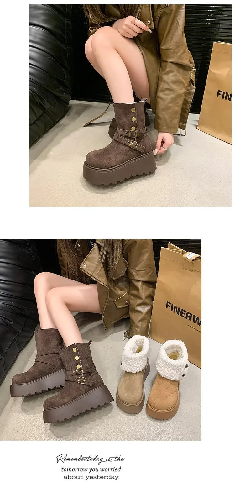 Women’s Winter Boots – Thick sole, ultra high heel, fleece-lined, mid-calf, round toe.