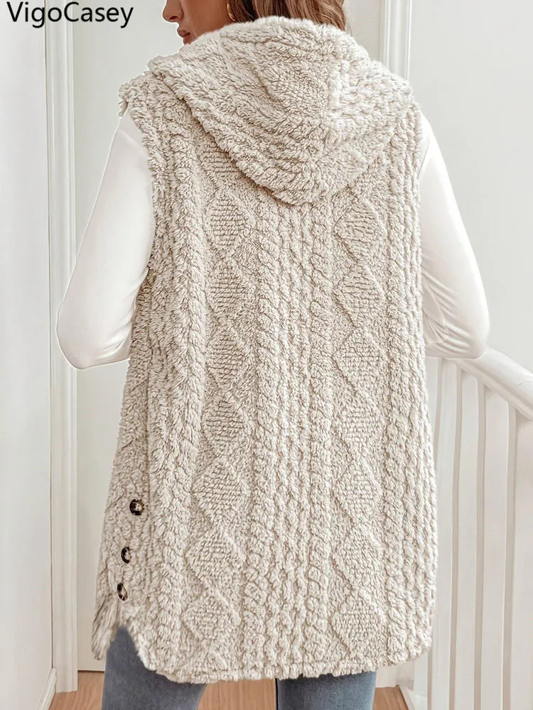 Apricot Hooded Plush Sleeveless Vest – Autumn & Winter