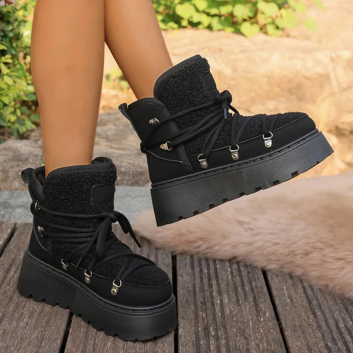 Women’s Winter Snow Boots – Warm, Fleece-Lined, Thick Sole, Cotton Material, Adjustable Ties, Non-Slip Rubber Outsole,