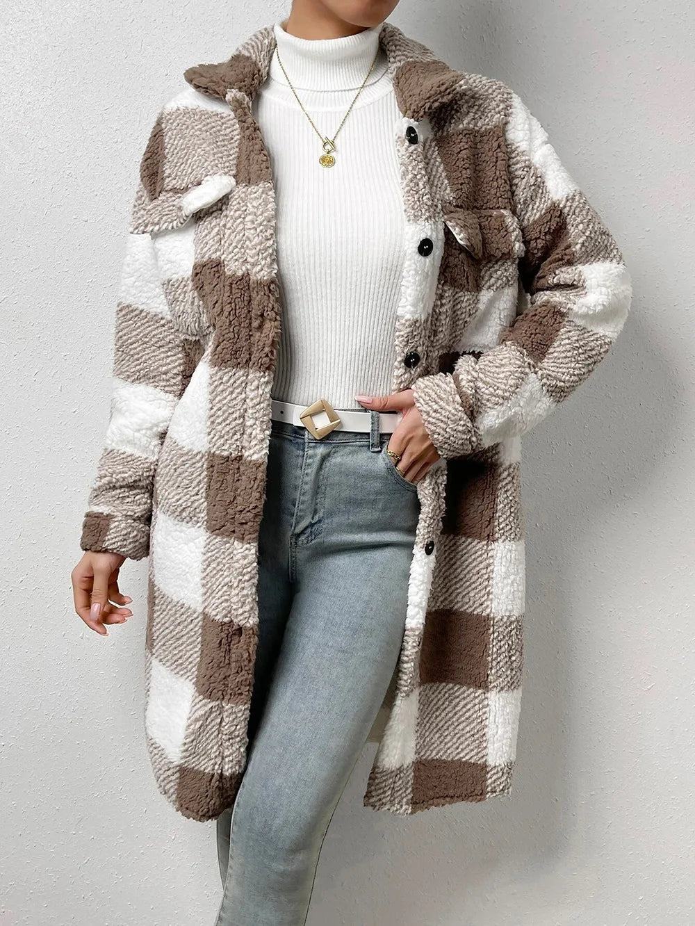 Long Plaid Fleece Coat with Pockets – Autumn & Winter