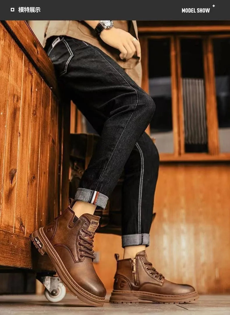 Luxury Men Ankle Boots Retro British High-top Men Boots Fashion High Quality Leather Shoes 2024 New Outdoor Men Motorcycle Boots