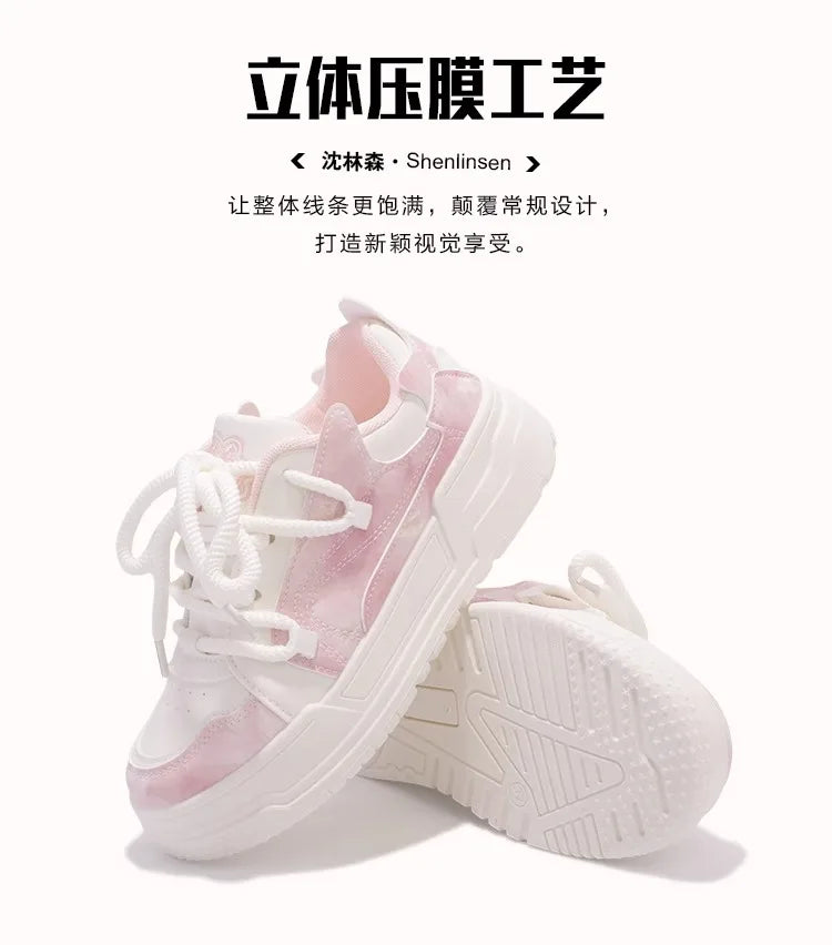 2024 New Women's Sports Shoes Cute Pink Thick Soles Daily Versatile Vulcanized Shoes Women Kawaii Tennis Women's Flat Shoes