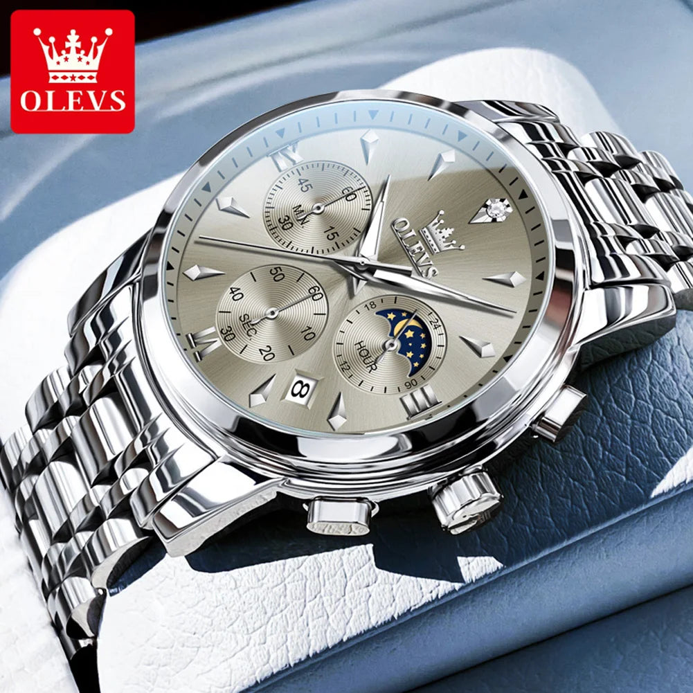 OLEVS 3639 Moon Phase Quartz Watch For Men Fashion Chronograph Luxury Wristwatch Waterproof Luminous Date Business Man Watches
