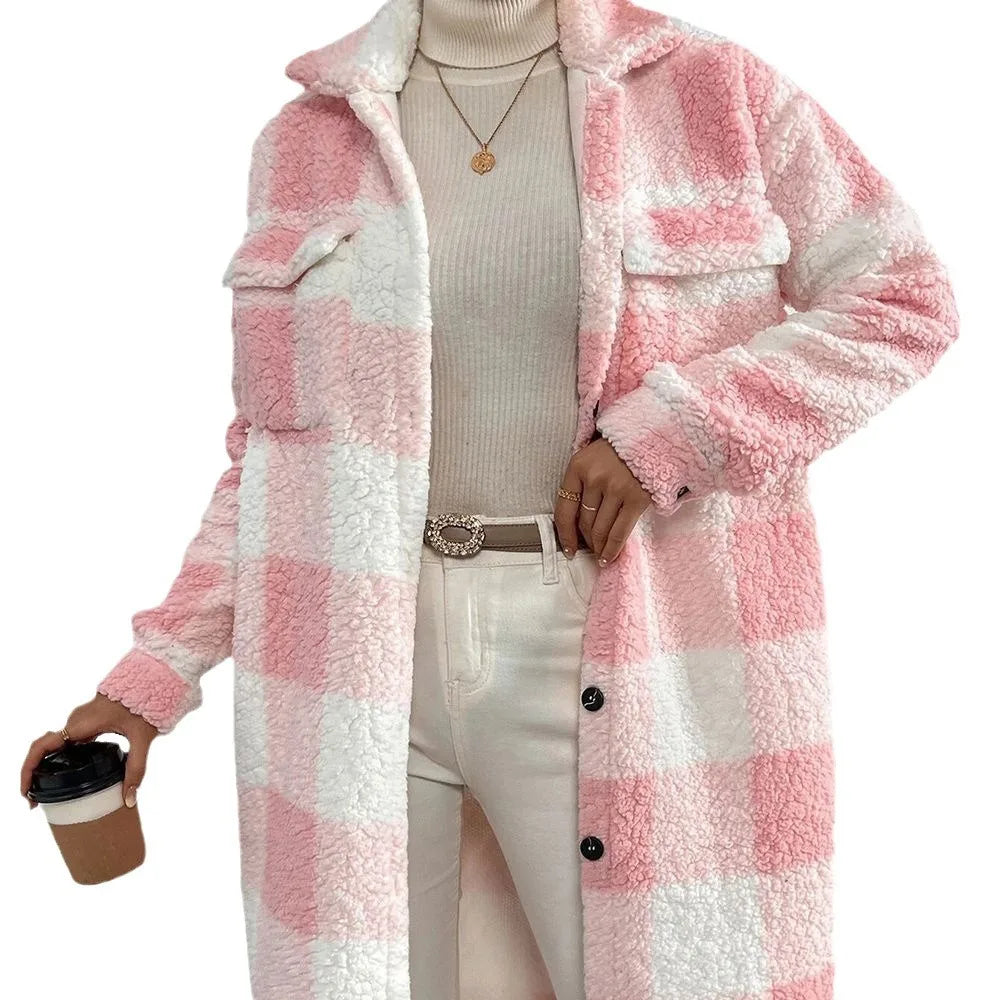 Long Plaid Fleece Coat with Pockets – Autumn & Winter
