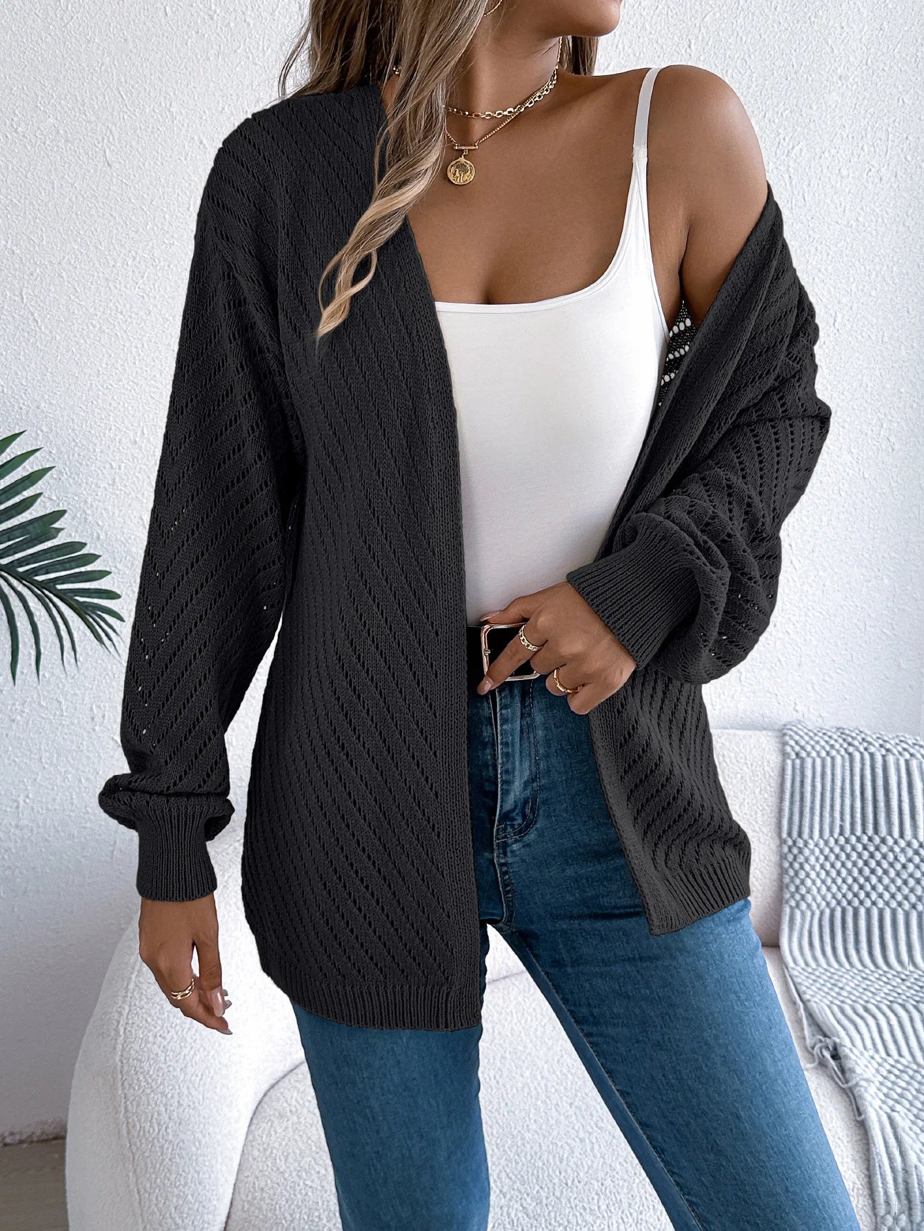 Solid Knit Long Sleeve Cardigan – Autumn & Winter