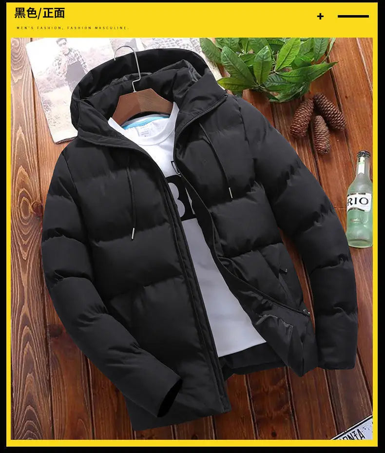 Men’s cotton puffer jacket with hood, loose fit, cropped design — perfect for casual and outdoor wear.