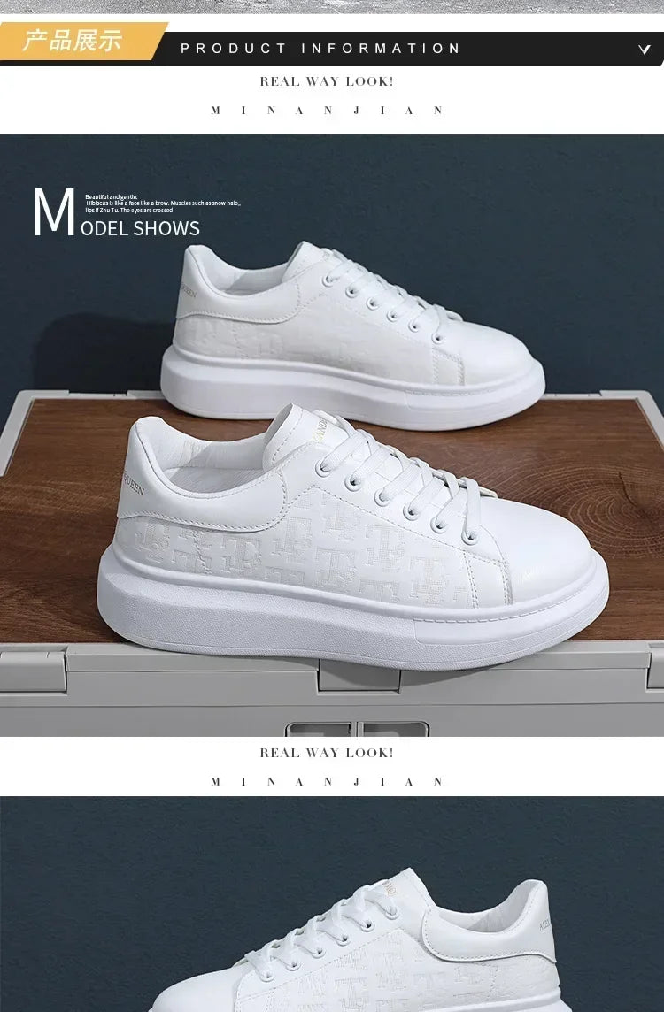 Casual Shoes Men 2024 New arrival Lace-up Thick Sole Casual Sneakers Versatile Leather Muffin Shoes Elevated Male Board Footwear