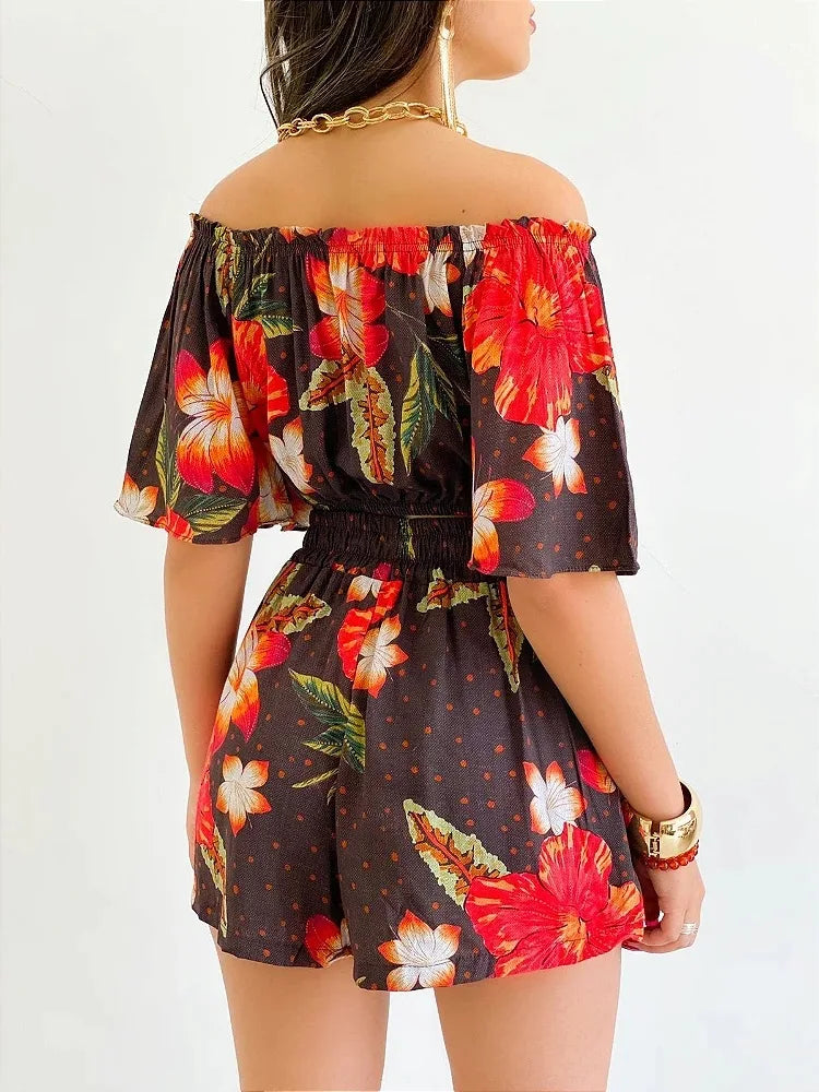 Sexy Off Shoulder Slash Neck T-shirt Shorts Set Office Lady Floral Print Lace Up Short Sleeve Two Piece Set Women Outfit 2023
