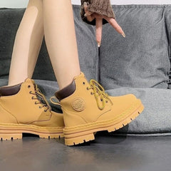 2024 Fashion Round Toe Women’s Platform Non-slip Leather Booties Lace-up Boots Outdoor Casual Women Boots Botas Mujer