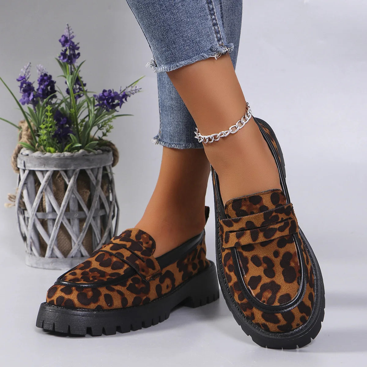 Women's Fashion Leopard Patchwork Slip-on Loafers Chunky Heel Platform Flats 2024 New Moccasins Casual Shoes Plus Size Zapatos