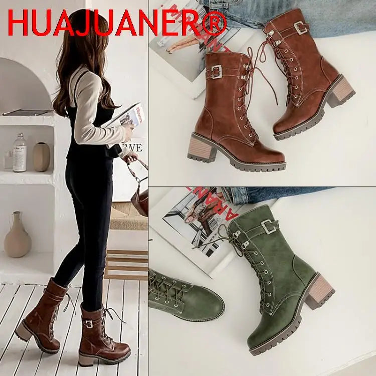 HUAJUANER 2023 Big Size 45 Autumn Winter Shoes High Quality Leather Boots Women Fashion non-slip Shoelaces Motorcycles Boots