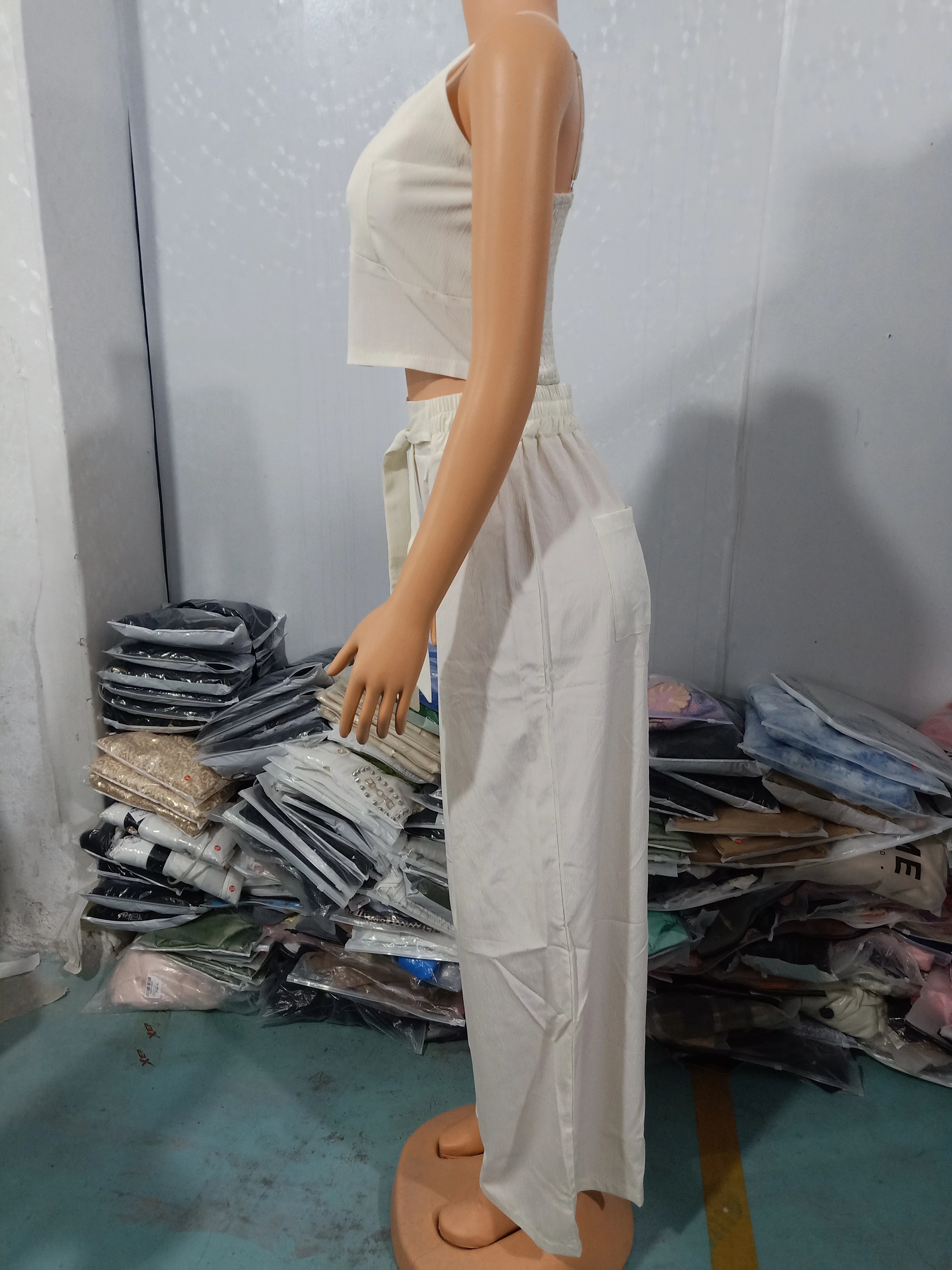 Tow Piceses Outfits for Women 2023 V-Neck Sleeveless Shirred Crop Top & Pocket Design Elegant Work Lady Wide Leg Pants Set