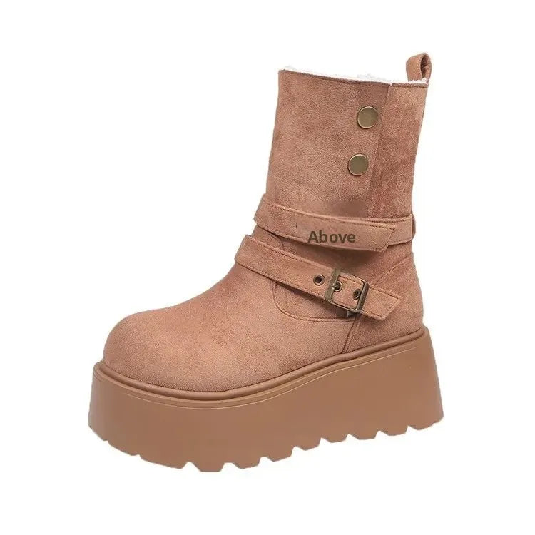 Women’s Winter Boots – Thick sole, ultra high heel, fleece-lined, mid-calf, round toe.