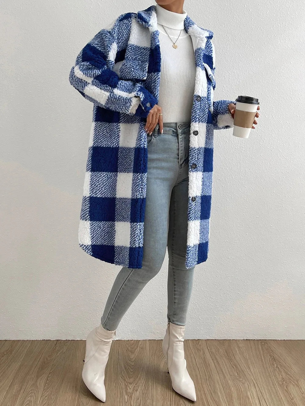 Long Plaid Fleece Coat with Pockets – Autumn & Winter