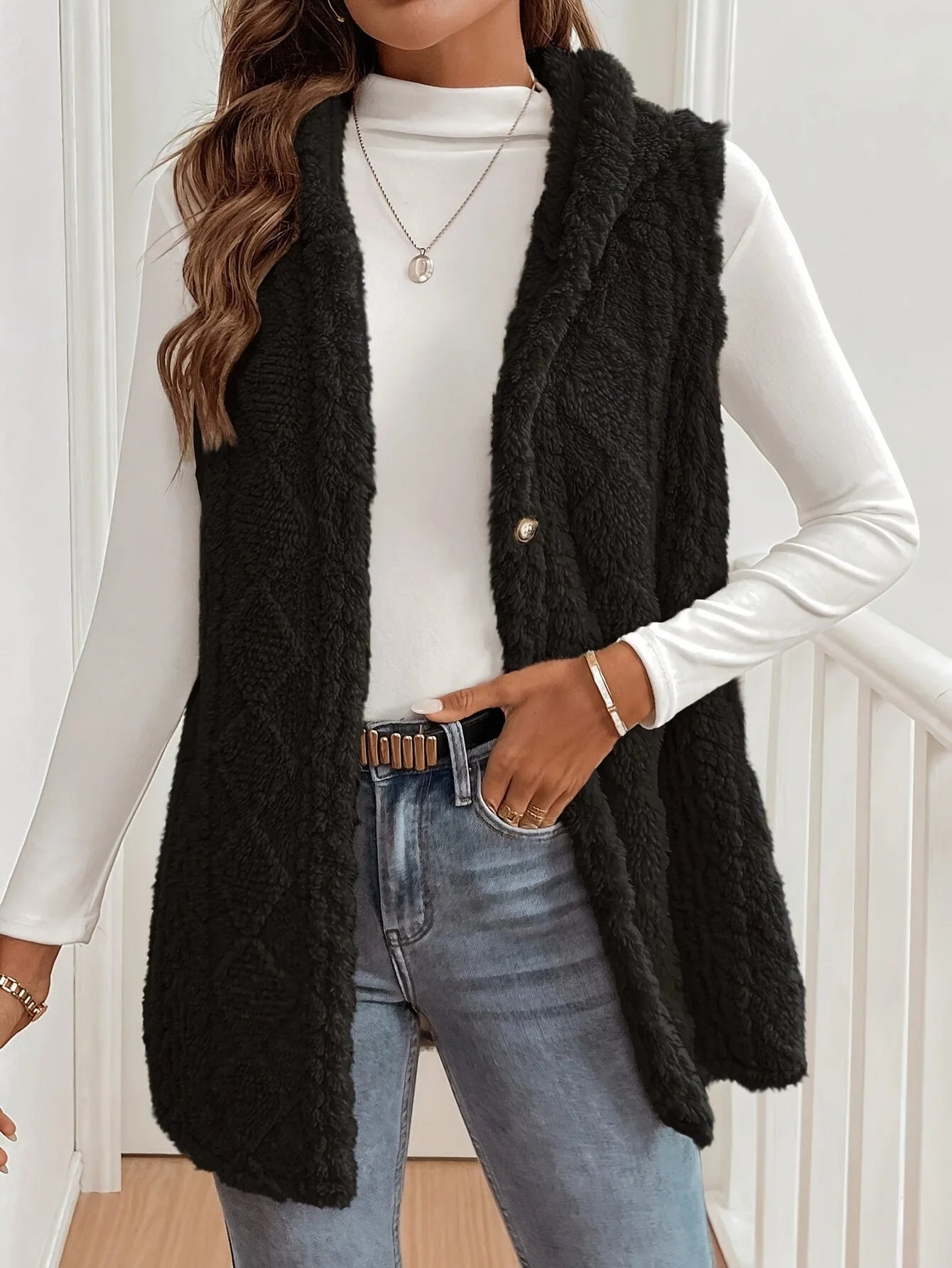 Apricot Hooded Plush Sleeveless Vest – Autumn & Winter