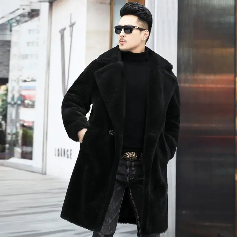 Men’s Winter Leather Coat – Warm, long, fur-lined.