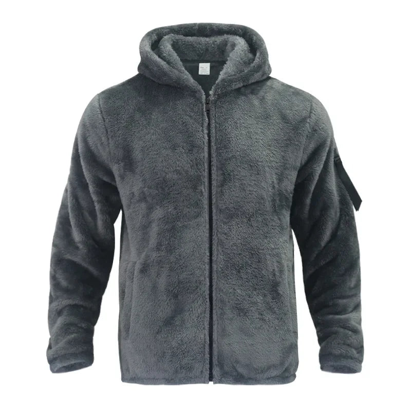 Men’s Fleece Jacket – Hooded, warm, loose fit, casual winter style.
