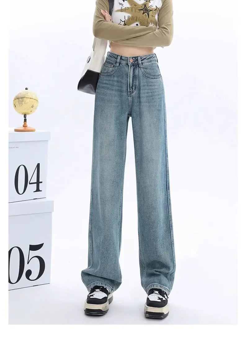 High-waisted Thickened Loose-fit Fleece-lined Straight-leg Jeans For Women Petite Size Warm Light-colored Long Trousers