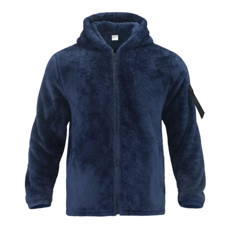 Men’s Fleece Jacket – Hooded, warm, loose fit, casual winter style.