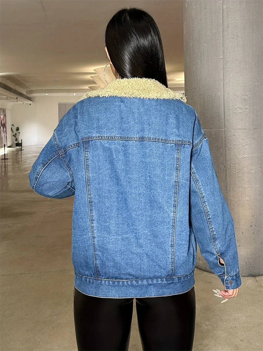 Benuynffy New Vintage Lamb Wool Denim Jacket Women's Autumn Winter Single Breasted Casual Loose Fleece Jean Coat Top Streetwear