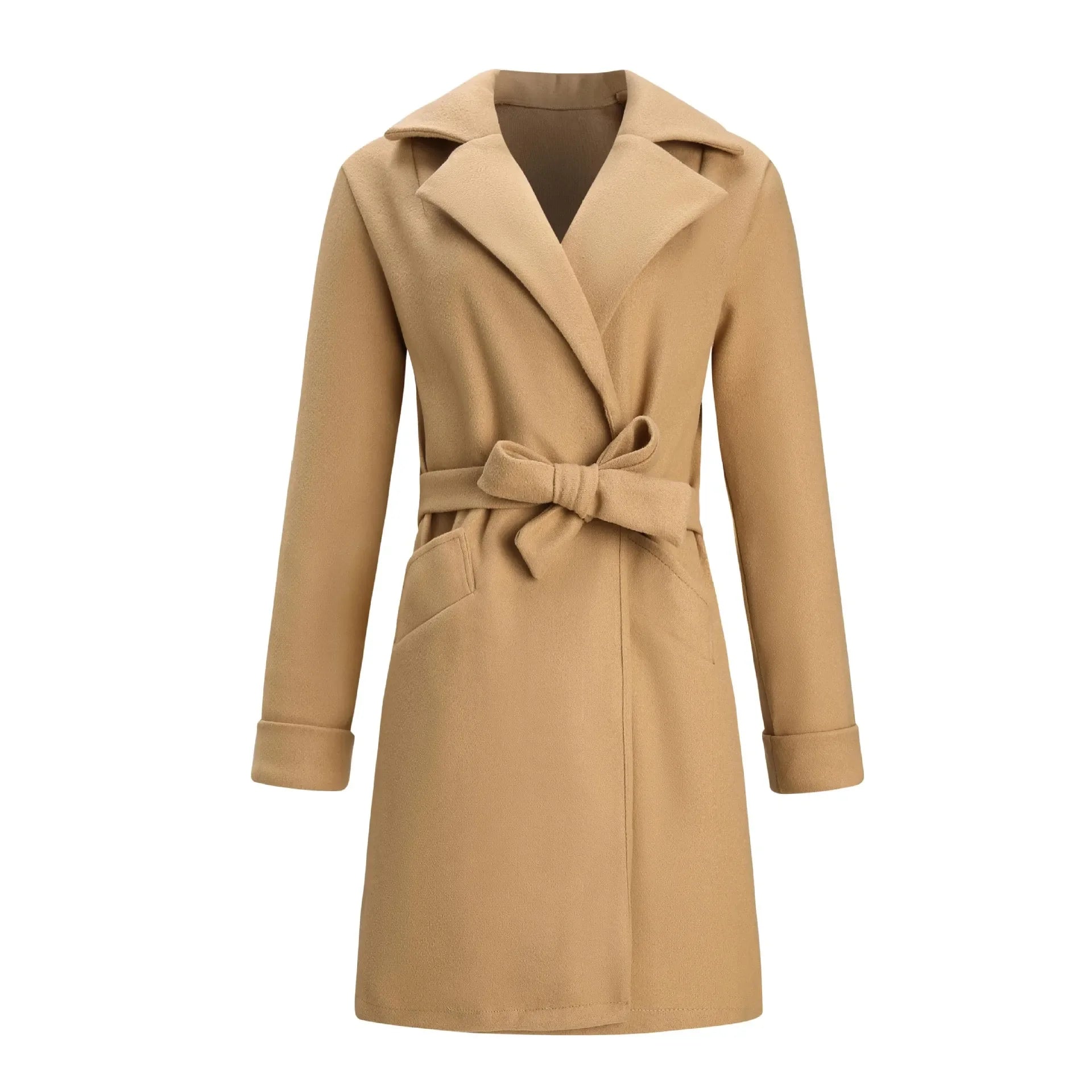 Women's S-2XL Size New Fashion Slim Fit Waist Belt Flip Collar Woolen Coat trench coat  trench coat for women