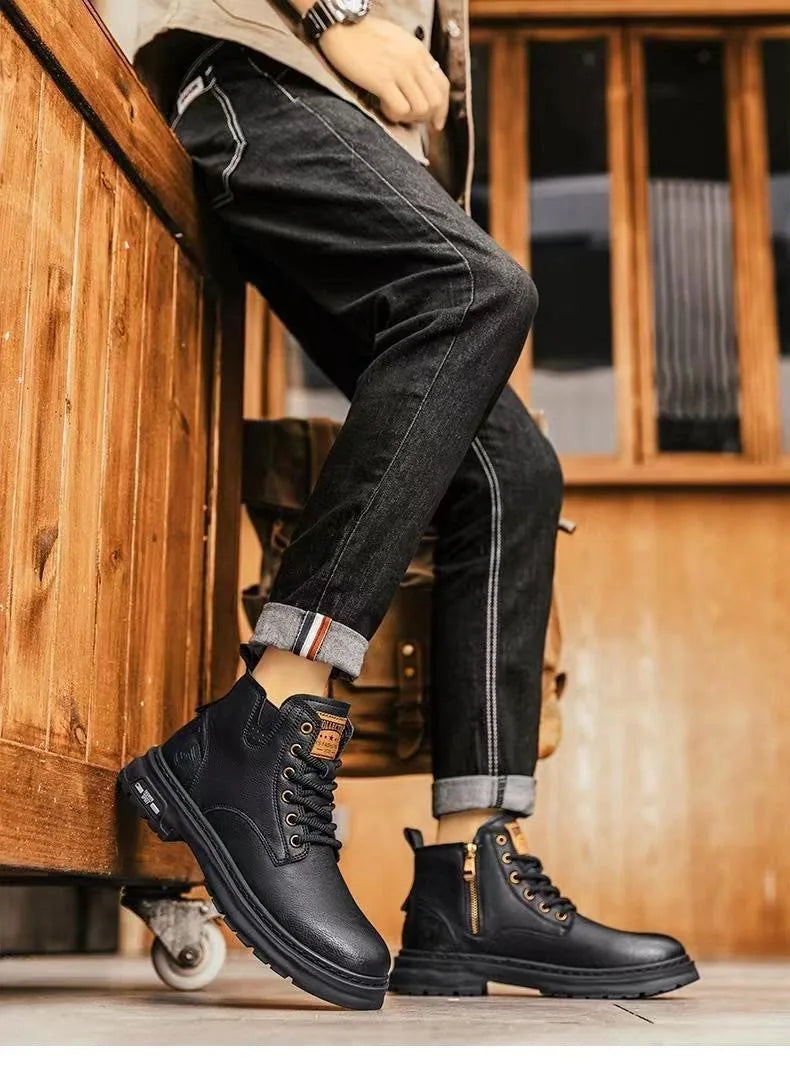 Luxury Men Ankle Boots Retro British High-top Men Boots Fashion High Quality Leather Shoes 2024 New Outdoor Men Motorcycle Boots