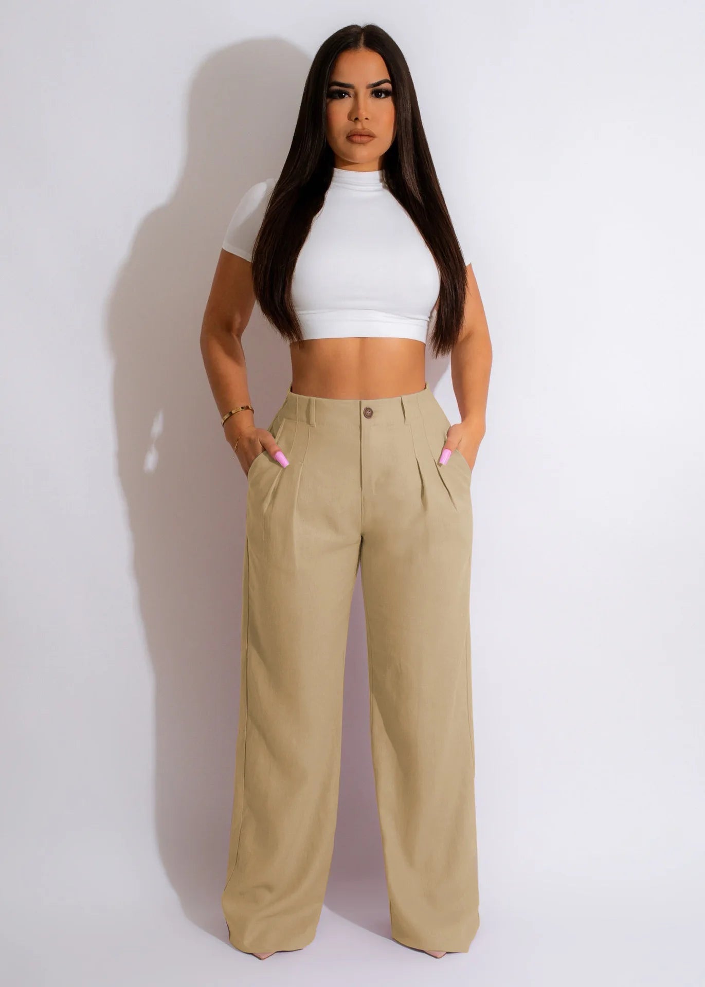 Women Fashion Cotton Linen Pants Straight Wide Leg Zipper Fly Draped High Waist Tailored Trousers Summer OL Work Office Pants