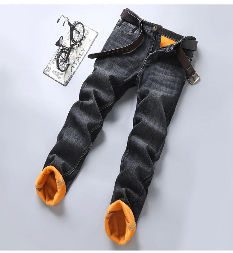 2024 Mens Winter Classic Business Quality Famous Brand Fleece Pants Straight Trousers Winter Thermal Warm Plush Stretch Jeans