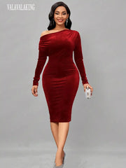 2024 Winter Red Velvet Plus Size Bodycon Dress Women Long Sleeve Large Knee Dresses Ladies Sexy Off Shoulder Evening Party Dress