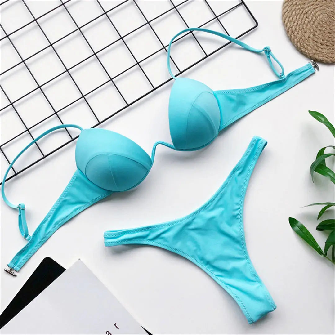 Sexy V-Bra Bikini — Underwired Push-Up, Hard Cup, Two-Piece Backless Set.