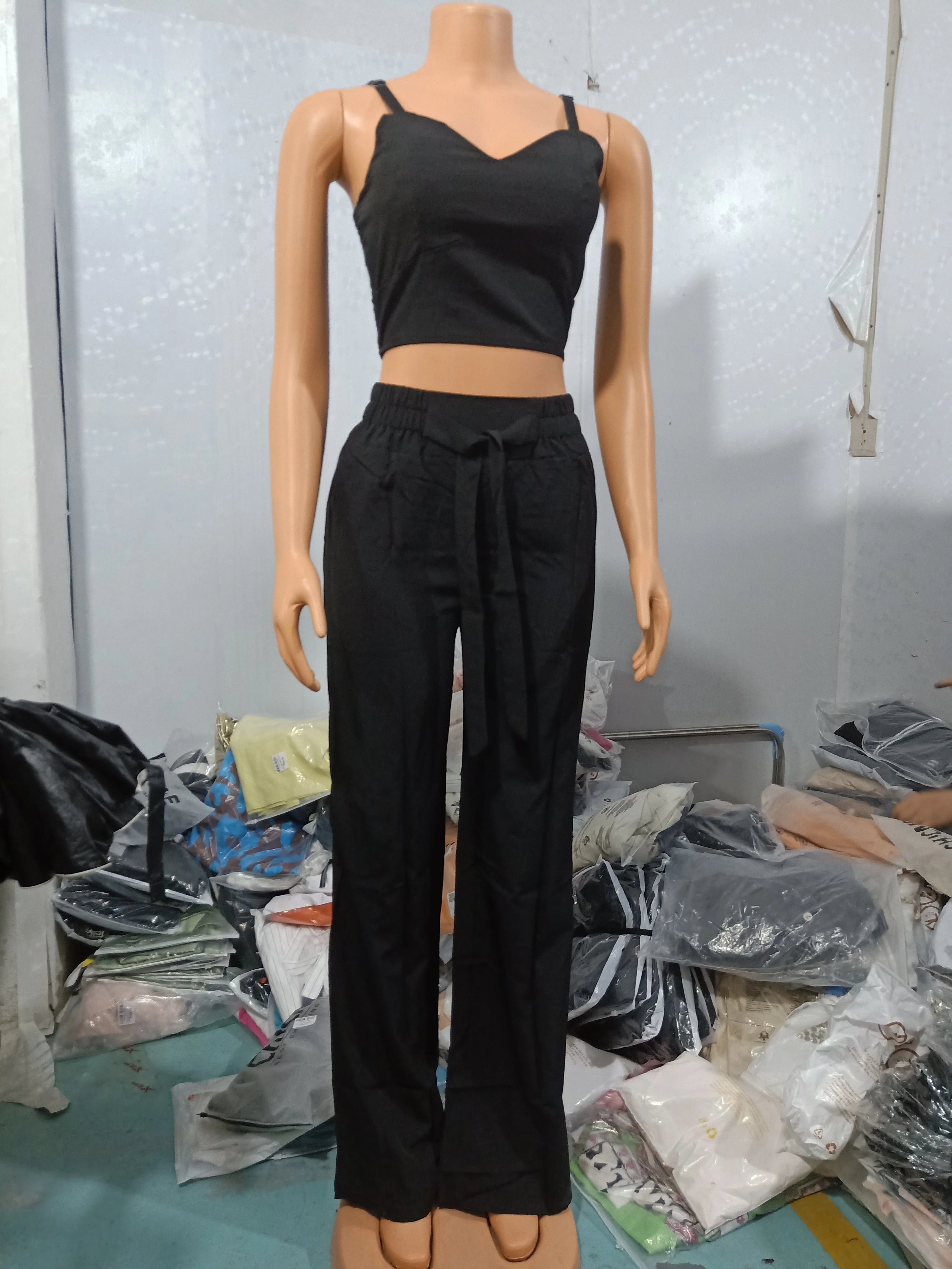 Tow Piceses Outfits for Women 2023 V-Neck Sleeveless Shirred Crop Top & Pocket Design Elegant Work Lady Wide Leg Pants Set