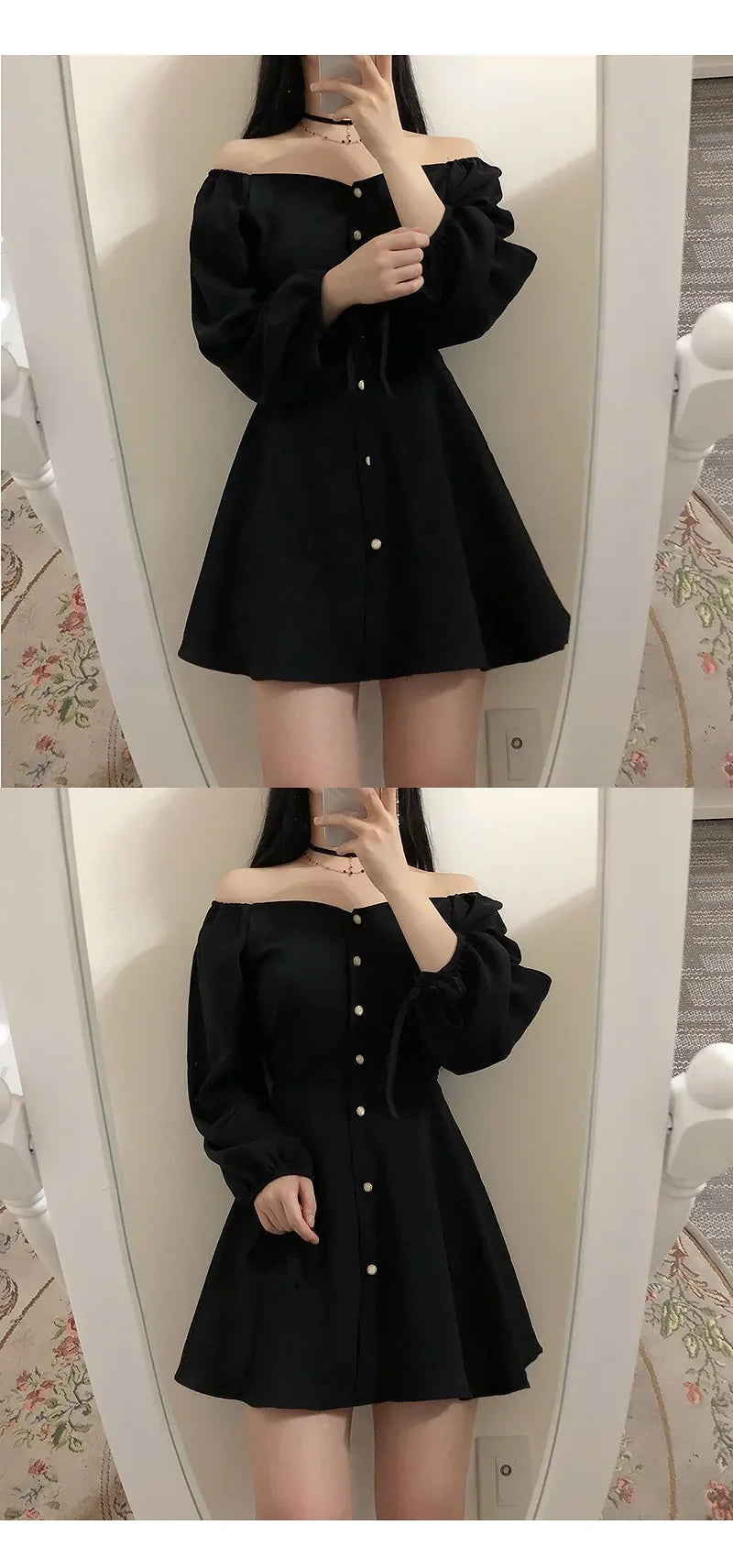 New Spring-autumn Plus-size Petite Dress Single-breasted Waist-fitted Slimming Black Dress For Plus-size Women