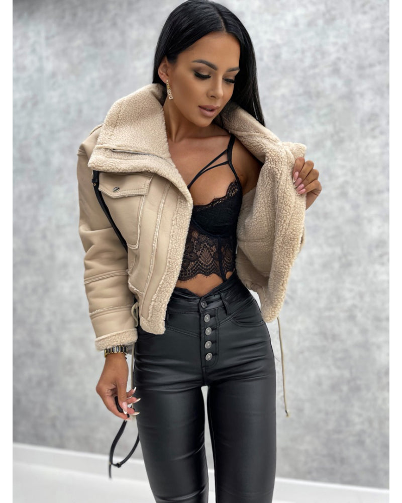 Faux Leather Jackets Women PU Short Thick Warm Black Outwear Female Aviator Retro Lapel Velvet Coat New Year Winter Tops