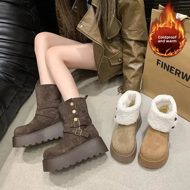 Women’s Winter Boots – Thick sole, ultra high heel, fleece-lined, mid-calf, round toe.