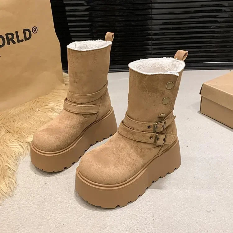 Women’s Winter Boots – Thick sole, ultra high heel, fleece-lined, mid-calf, round toe.