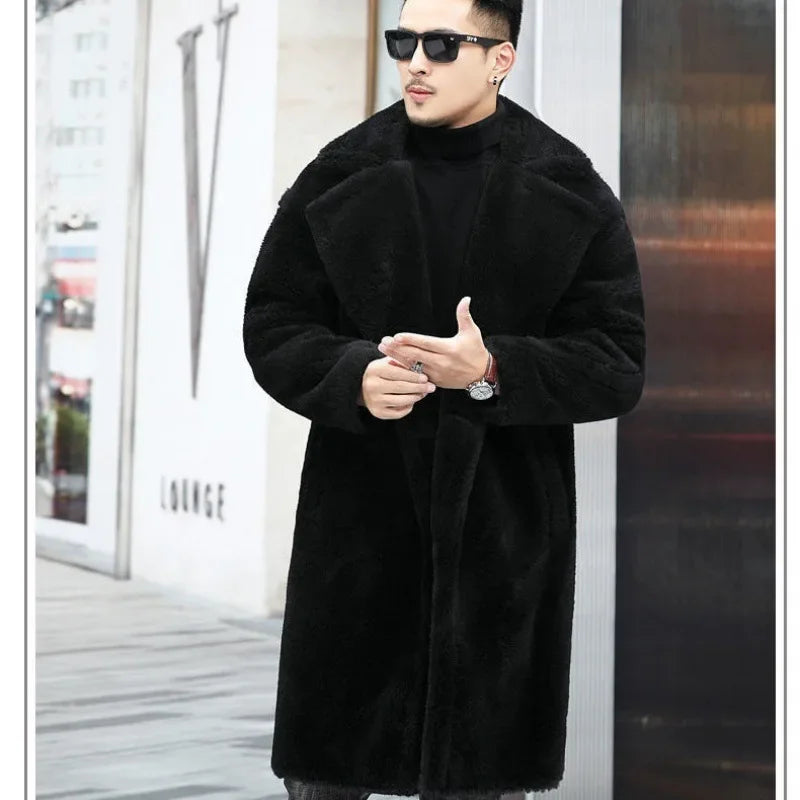 Men’s Winter Leather Coat – Warm, long, fur-lined.