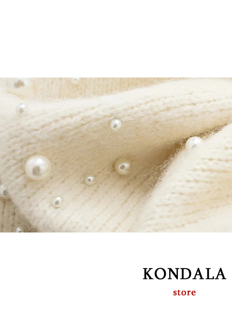 KONDALA Vintage Knitted Pearl Women Suits Long Sleeve O Neck Thick Sweater+High Waist Knit Skirts Fashion 2024 Elegant Women Set