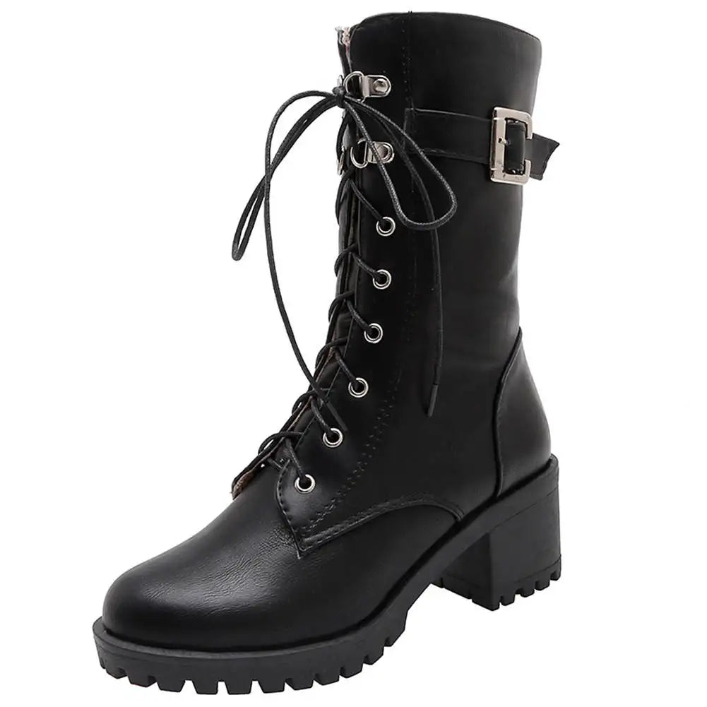 HUAJUANER 2023 Big Size 45 Autumn Winter Shoes High Quality Leather Boots Women Fashion non-slip Shoelaces Motorcycles Boots