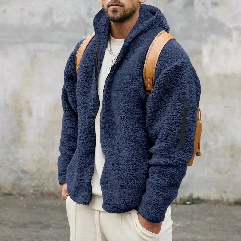 Men’s Fleece Jacket – Hooded, warm, loose fit, casual winter style.