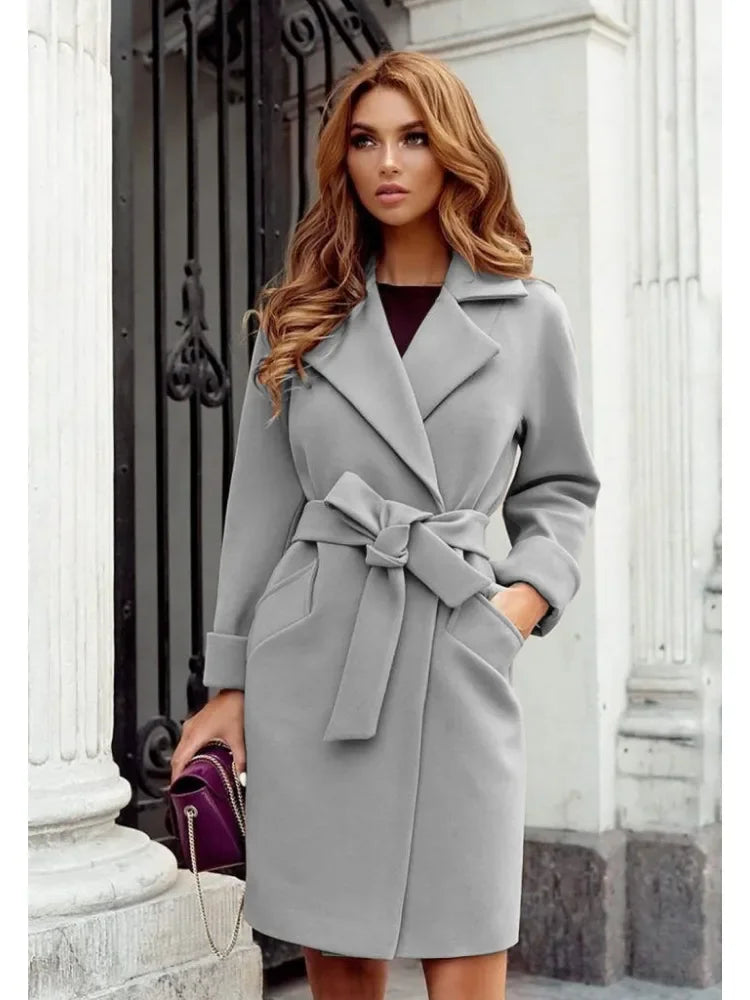 Women's S-2XL Size New Fashion Slim Fit Waist Belt Flip Collar Woolen Coat trench coat  trench coat for women