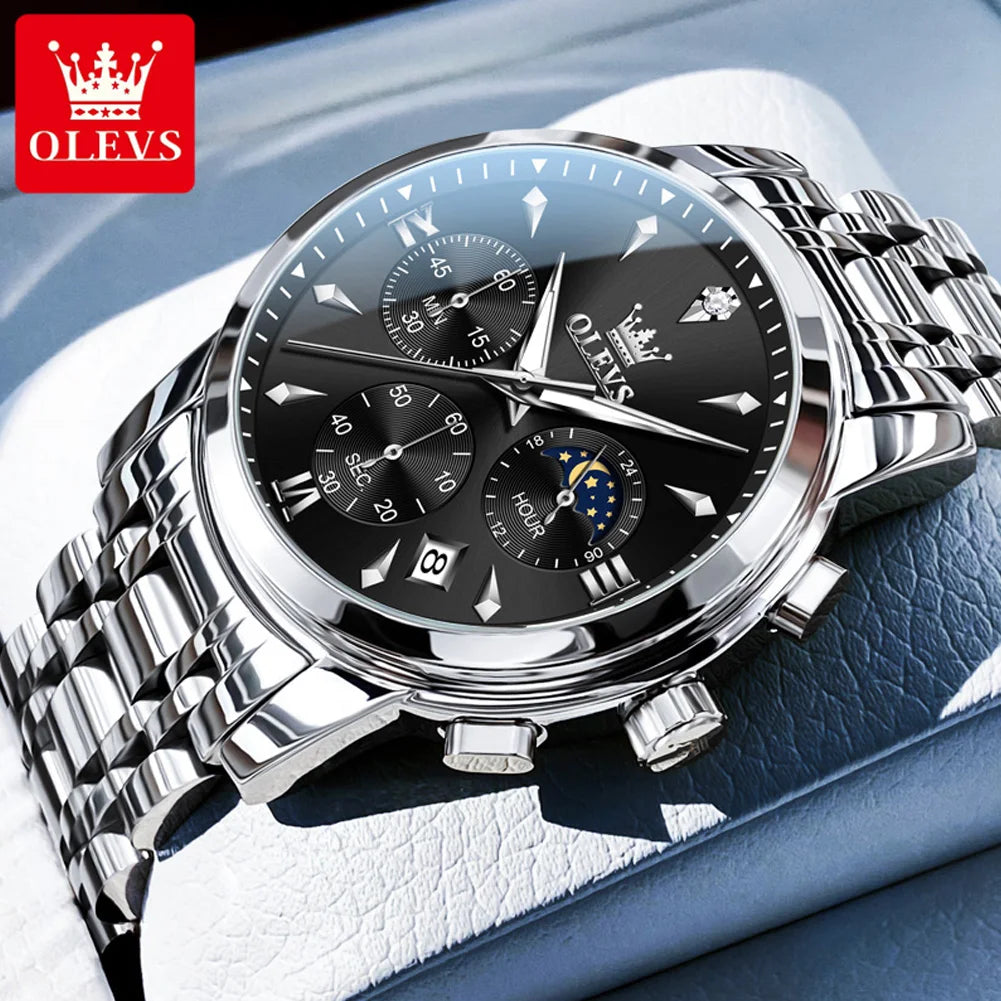 OLEVS 3639 Moon Phase Quartz Watch For Men Fashion Chronograph Luxury Wristwatch Waterproof Luminous Date Business Man Watches
