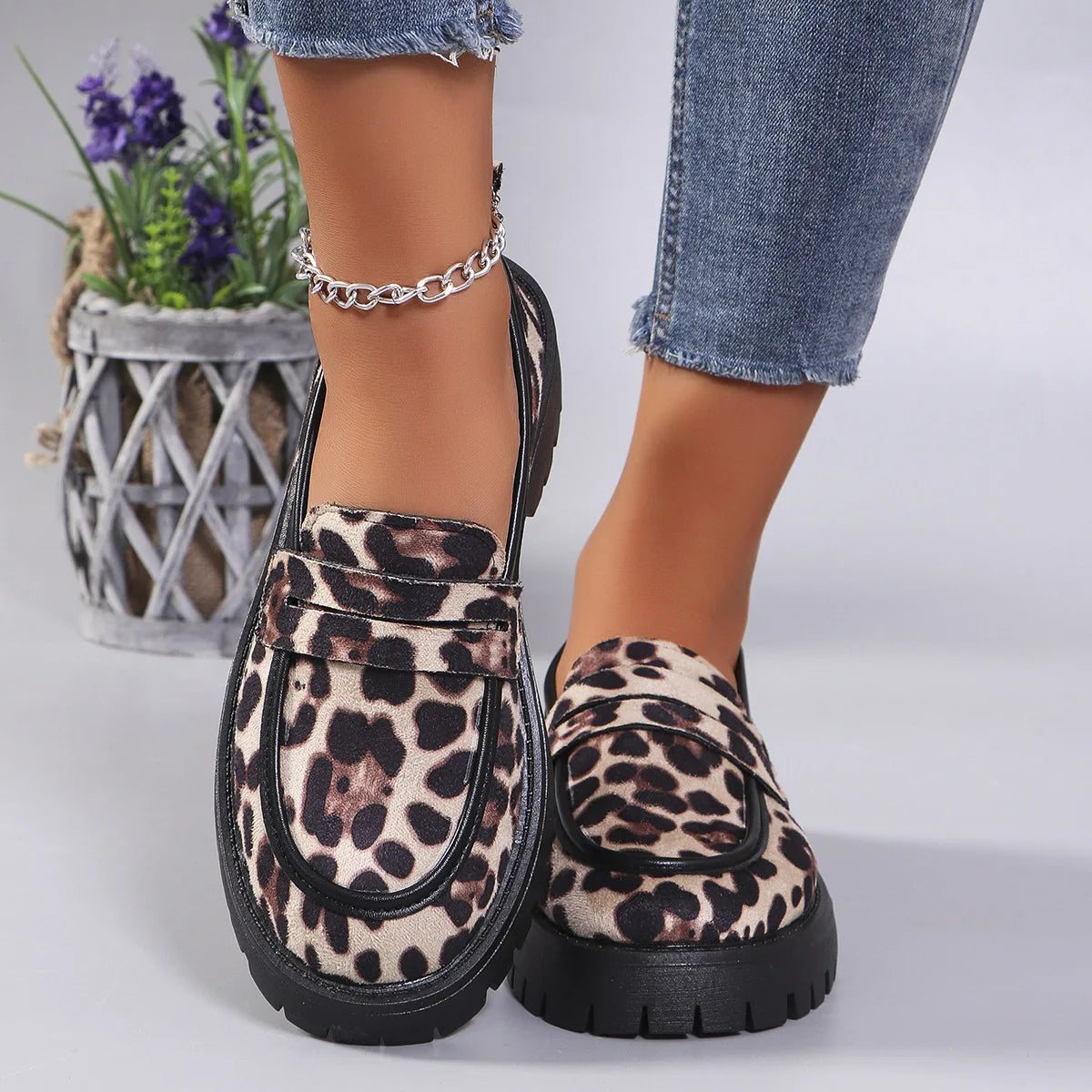 Women's Fashion Leopard Patchwork Slip-on Loafers Chunky Heel Platform Flats 2024 New Moccasins Casual Shoes Plus Size Zapatos