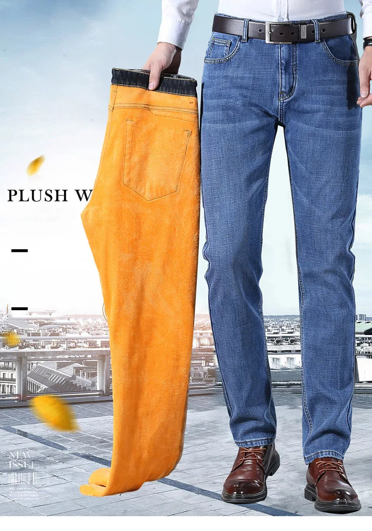 2024 Mens Winter Classic Business Quality Famous Brand Fleece Pants Straight Trousers Winter Thermal Warm Plush Stretch Jeans