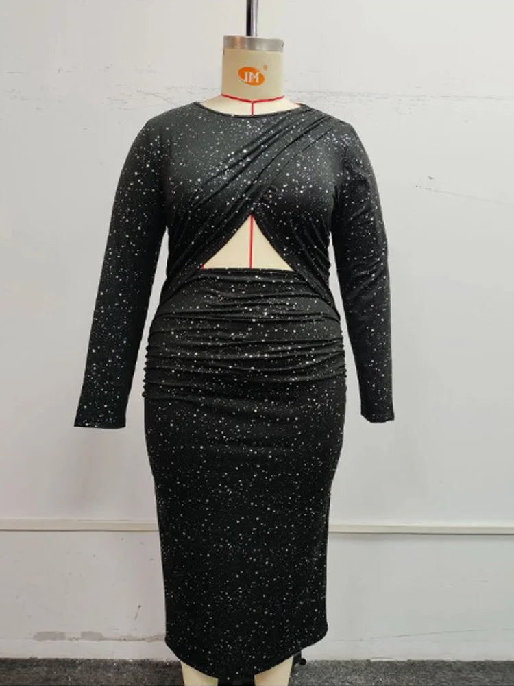 GIBSIE Plus Size Sexy Cutout Split Glitter Dress Women 2024 Autumn Black O-Neck Long Sleeve Party Elegant Bodycon Long Dresses